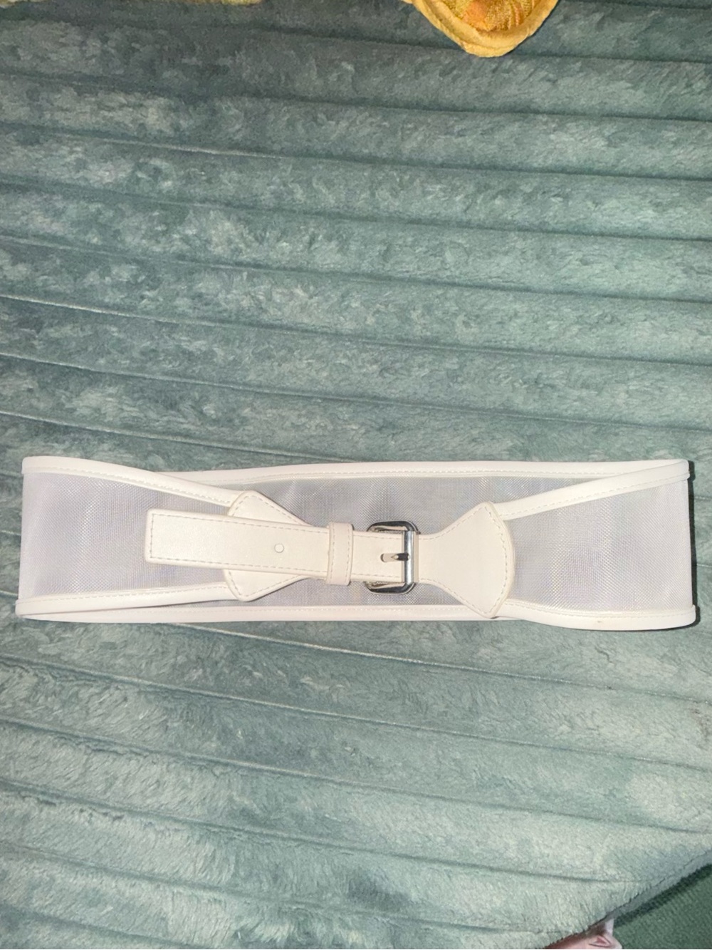 BCBGMaxAzria White Wide Mesh Waist Belt with Silver Buckle